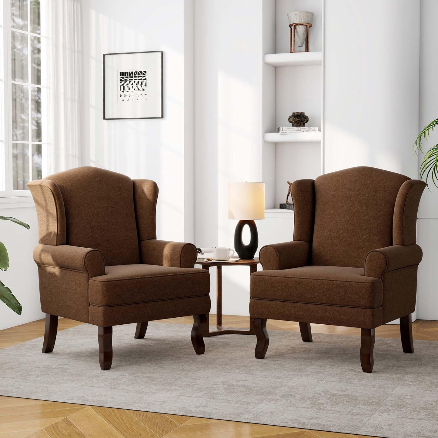 Accent Chair, High Back Upholstered Armchair with High Resilience Sponge & Wood Legs, Mid-Century Modern Comfy Single Sofa Reading Chairs for Living Room, Bedroom (Brown, Set of 2)
