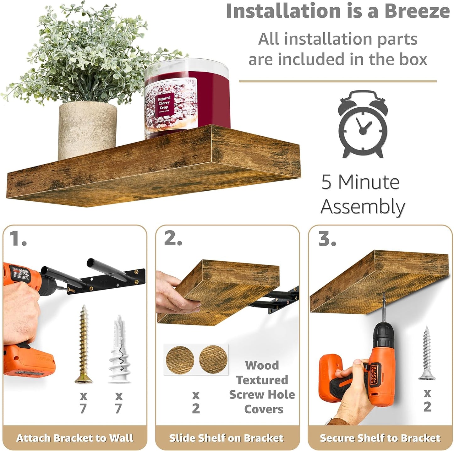 Sorbus Floating Shelves for Wall, Bathroom Shelves Wall Mounted for Kitchen, Bedroom, Living Room, Bathroom Storage, Over Toilet, Hanging Book Shelf for Ｗall Home Decor (Rustic Brown, 5 Pack)