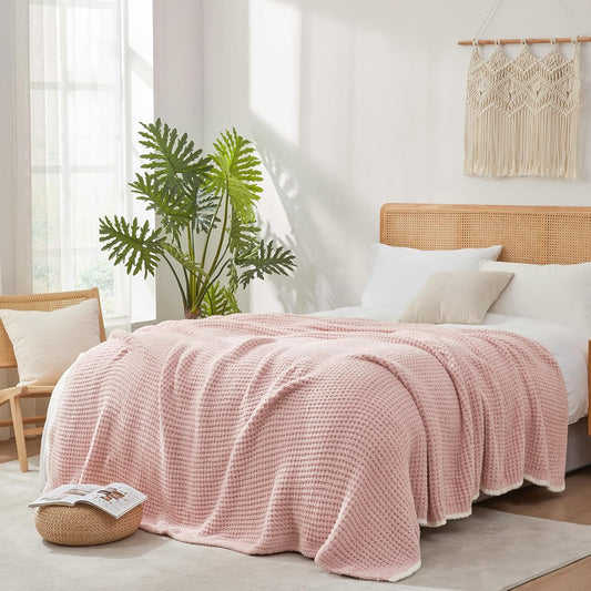 Snuggle Sac Pink Waffle Bedding Blankets Queen Size 90x90 inches, Reversible Microfiber Fluffy Fuzzy Soft Throw Cozy Knit Blanket for Women Mothers Birthday Gifts