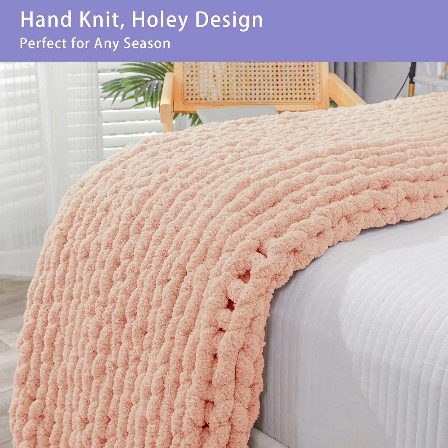 Bigacogo Chunky Knit Throw Blanket for Couch, 40x40 inches, 100% Hand Knitted with Thick Jumbo Chenille Yarn, Cozy Soft Large Rope Knot Cable Crochet Blankets for Sofa Bed Living Room, Peach Fuzz