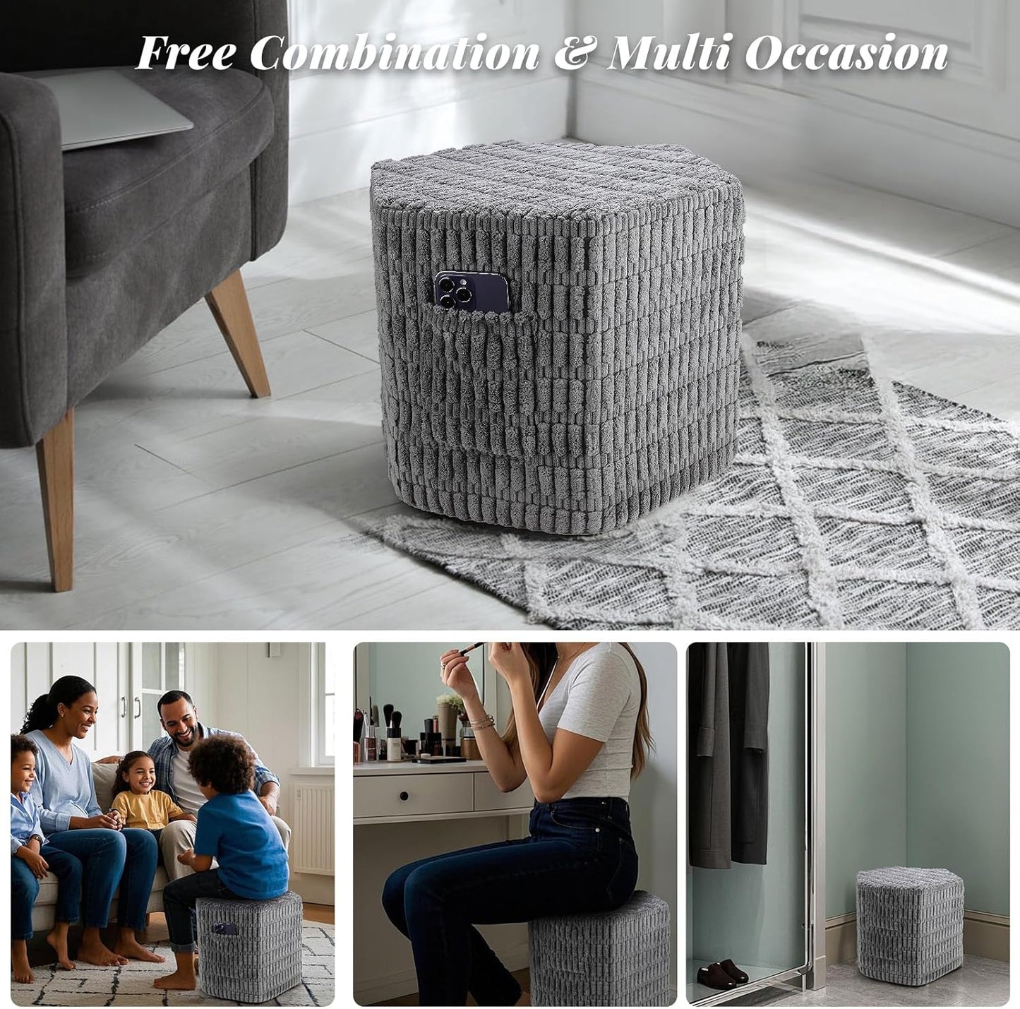 Hexagon Pouf Ottoman Stuffed with 2 Pockets & Handle, Comfort Corduroy Poufs, Non-Slip Foot Stool Storage Ottoman, Foam Floor Poufs Foot Rest for Couch, Bedroom (Gray)