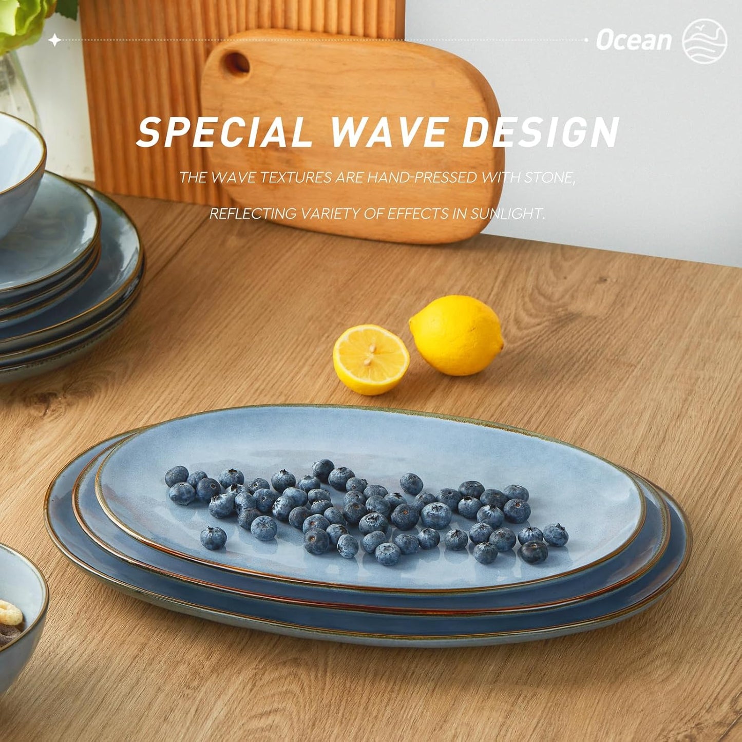 famiware Serving Platter, Oval 15.59/14.3/12.9inch Serving Dishes for Entertaining, Serving Bowls, Reactive Glaze, Stoneware Serving Trays for Party, Food, Turkey, Cheese, Ocean Series, Blue
