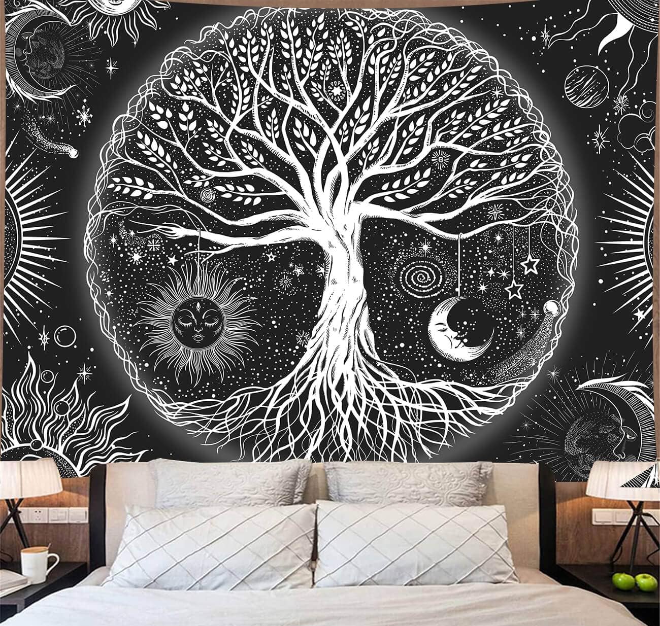 FORATER Tree of Life Tapestry Wall Hanging, Sun and Moon Aesthetic Wall Tapestry Black and White Tapestries Home Decor for Living Room Bedroom(53 x 61 Inch, Black and White)