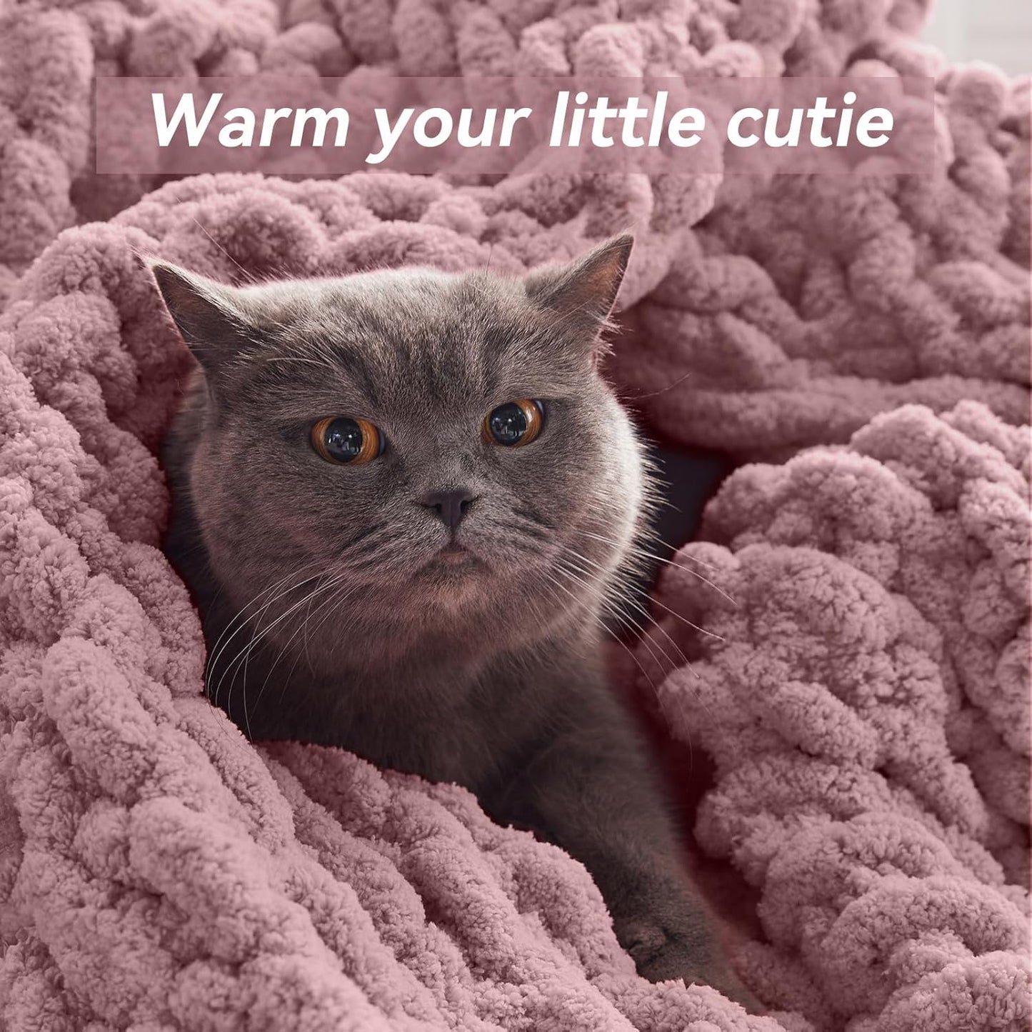 Chunky Knit Throw Blanket, 40''*50'' Knitted Throw Chenille Yarn for Bed Couch, Handmade Muted Pink Crochet Big Thick Blanket, Machine Washable Cute Comfy Blanket for Home Decor