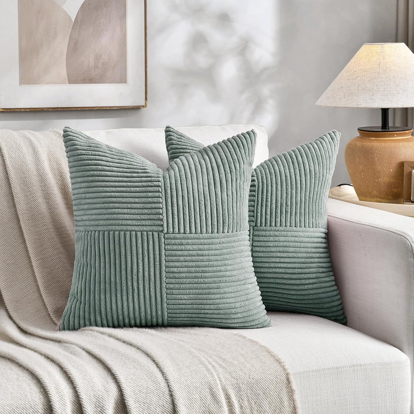 Fancy Homi 2 Packs Grey Blue Samll Decorative Throw Pillow Covers 14x14 Inch with for Couch Bed Sofa, Rustic Farmhouse Boho Home Decor, Soft Corss Patchwork Corduroy Square Cushion Case 35x35 cm