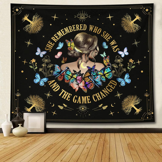 Bapcoku She Remembered Who She Was And The Game Changed Positive Quotes Tapestry Inspirational Gift Wall Decor for Bedroom,Uplifting Encouragement Gifts Butterfly Gifts for Women Teens Girls 60x50in