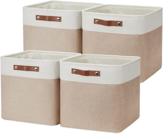 DULLEMELO Cube Storage Bins - 4 Pack Foldable Large Storage Baskets 12 inch Gifts Empty Fabric Bins for Home Office Cubes Organizer Closet, Shelves, Toy, Nursery (4 Pack - 12" White&Khaki)
