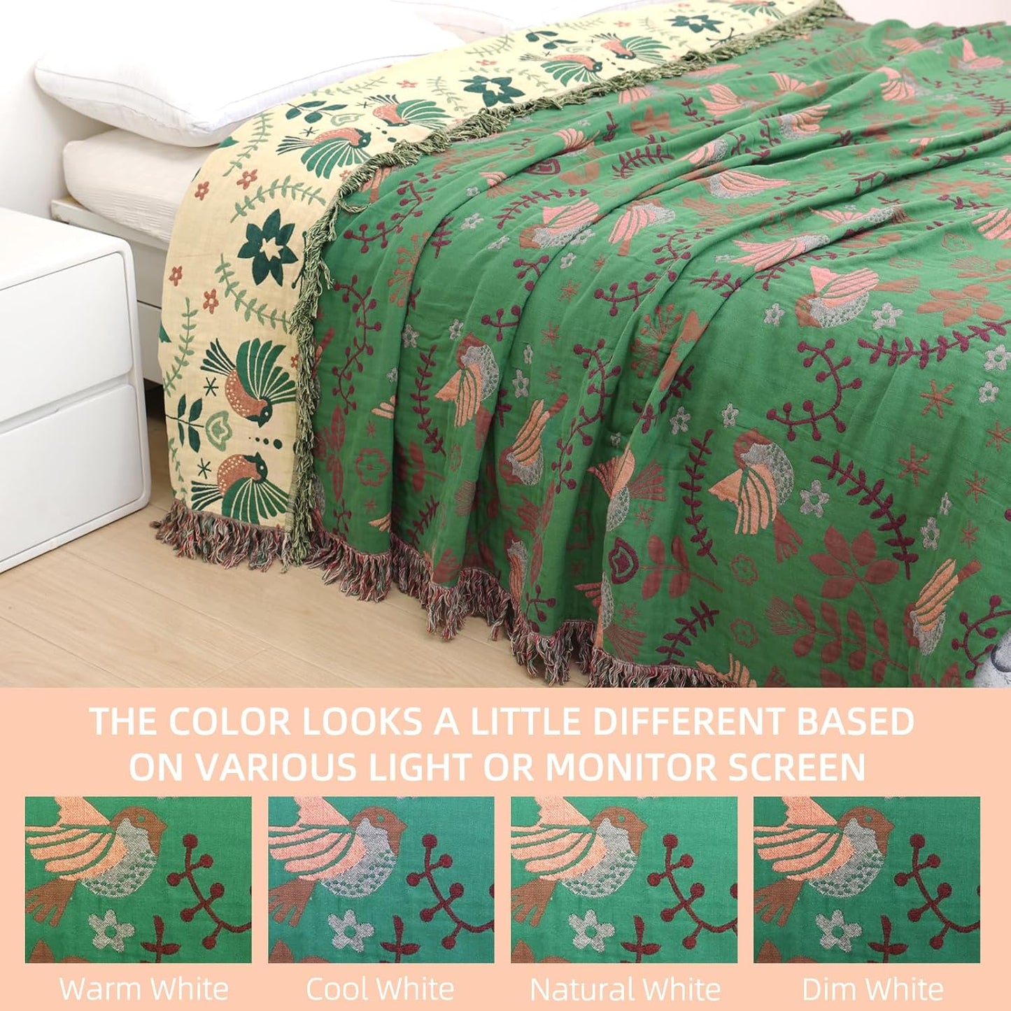 Boho Throw Blanket for Bed, 100% Pure Cotton Ultra Soft Rustic Quilt, Farmhouse Decor Bed Blankets, All Season Rustic Throw for Sofa Couch Chair(91''x 98'', Bird B)