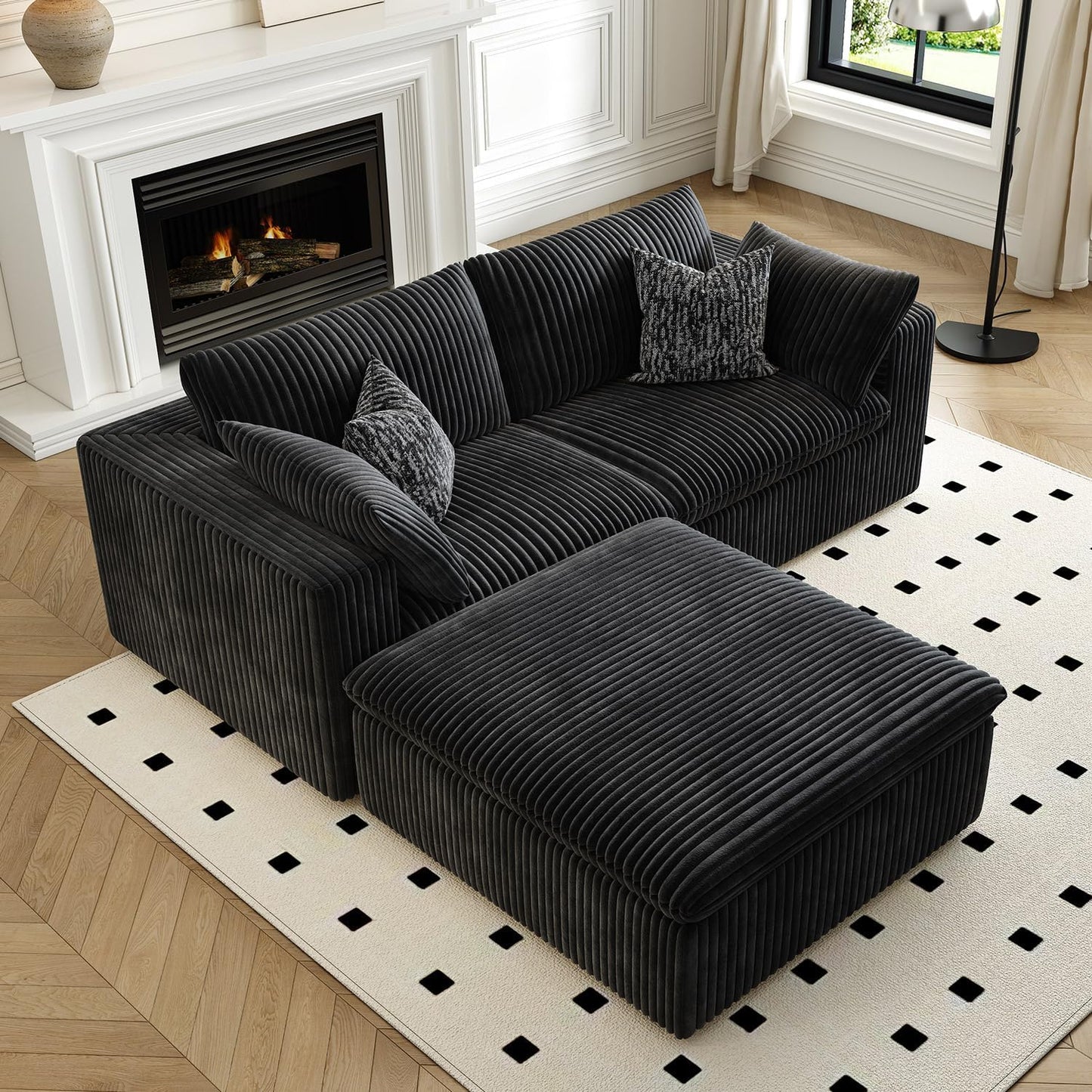 LoveSeat Cloud Couch Modular Sectional Sofa for Living Room,Modern Sofa with Deep Seat，2 Seater Boneless Couch with Ottoman,Comfy Upholstered Couches for Apartment, Studio, Office,Bedroom，Black