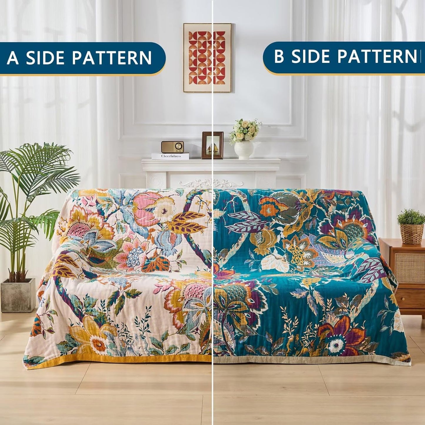 Boho Throw Blanket for Bed, Double Sided Floral Decorated Bohemian Couch Blanket, Lightweight Breathable 100% Cotton Throw Blanket,Room, Farmhouse, Bed Decor (Happiness,50"x60")