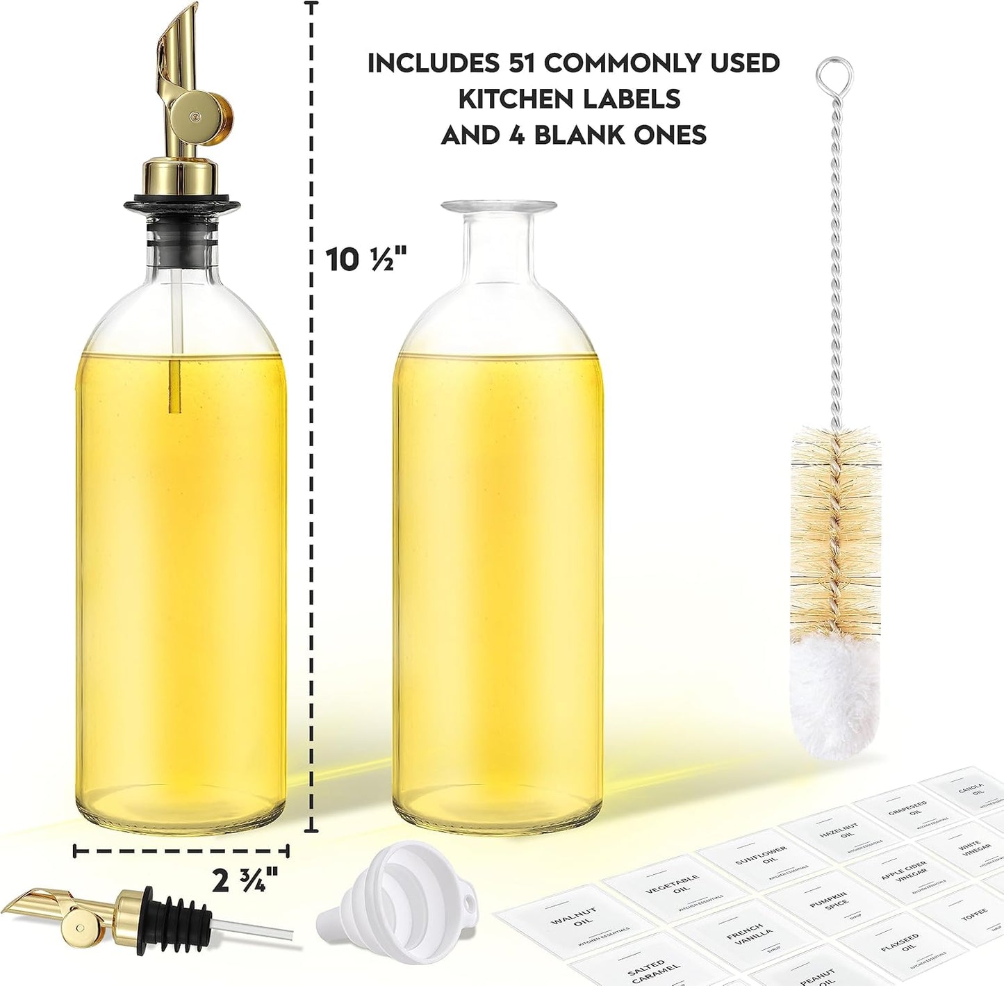 Olive Oil Dispenser Bottle - Includes 55 Kitchen Essential Labels - Cooking Oil Bottles for Kitchen, Coffee Syrup Dispenser - Pourer Spout with 16.9 fl oz Glass Container Cruet - 2pcs, Gold
