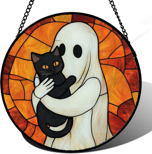 Stained Glass Window Hanging - Halloween Decorations White Ghost Black Cat Suncatcher for Doors Garden Spooky Funny Orange Sun Catchers Gothic Decor Horror Gifts for Women Men Friend 15 in