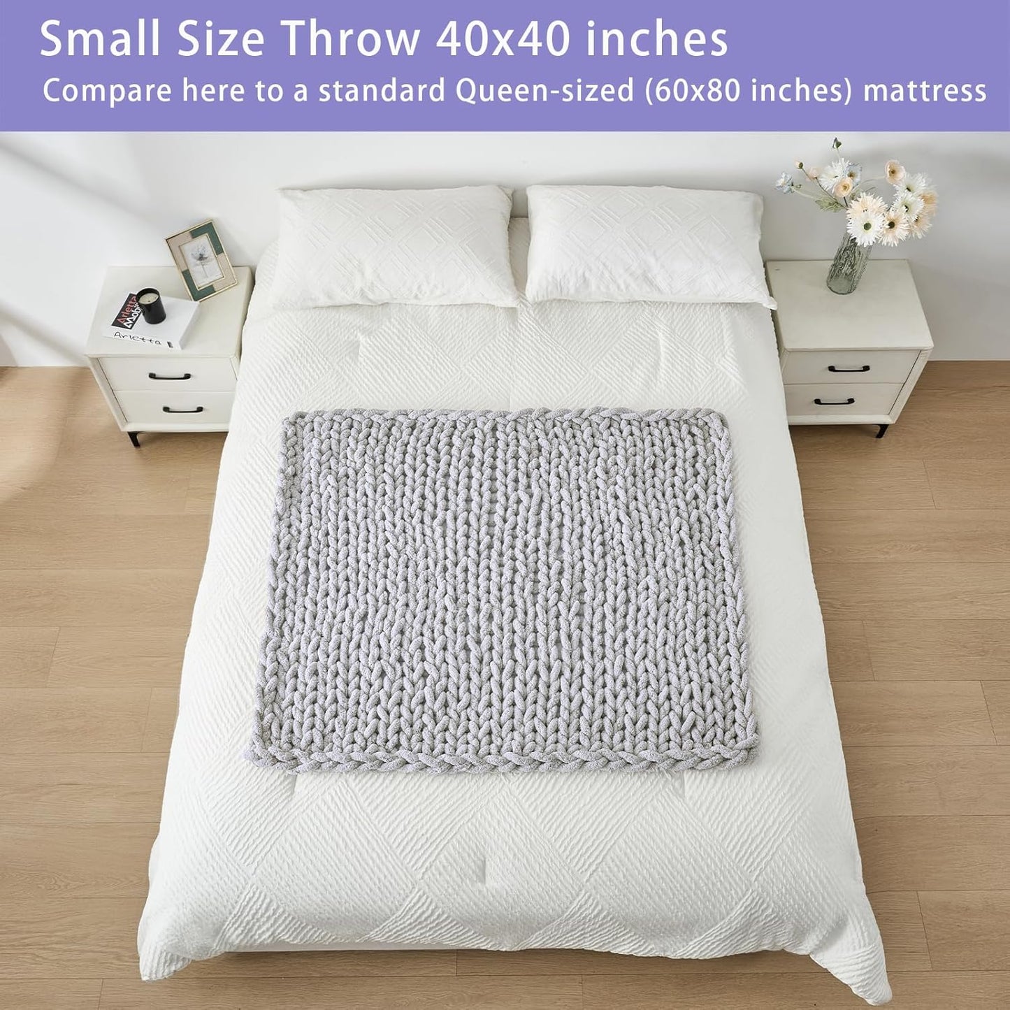 Bigacogo Chunky Knit Throw Blanket for Couch, 40x40 inches, 100% Hand Knitted with Thick Jumbo Chenille Yarn, Cozy Soft Large Rope Knot Cable Crochet Blankets for Sofa Bed Living Room, Light Grey