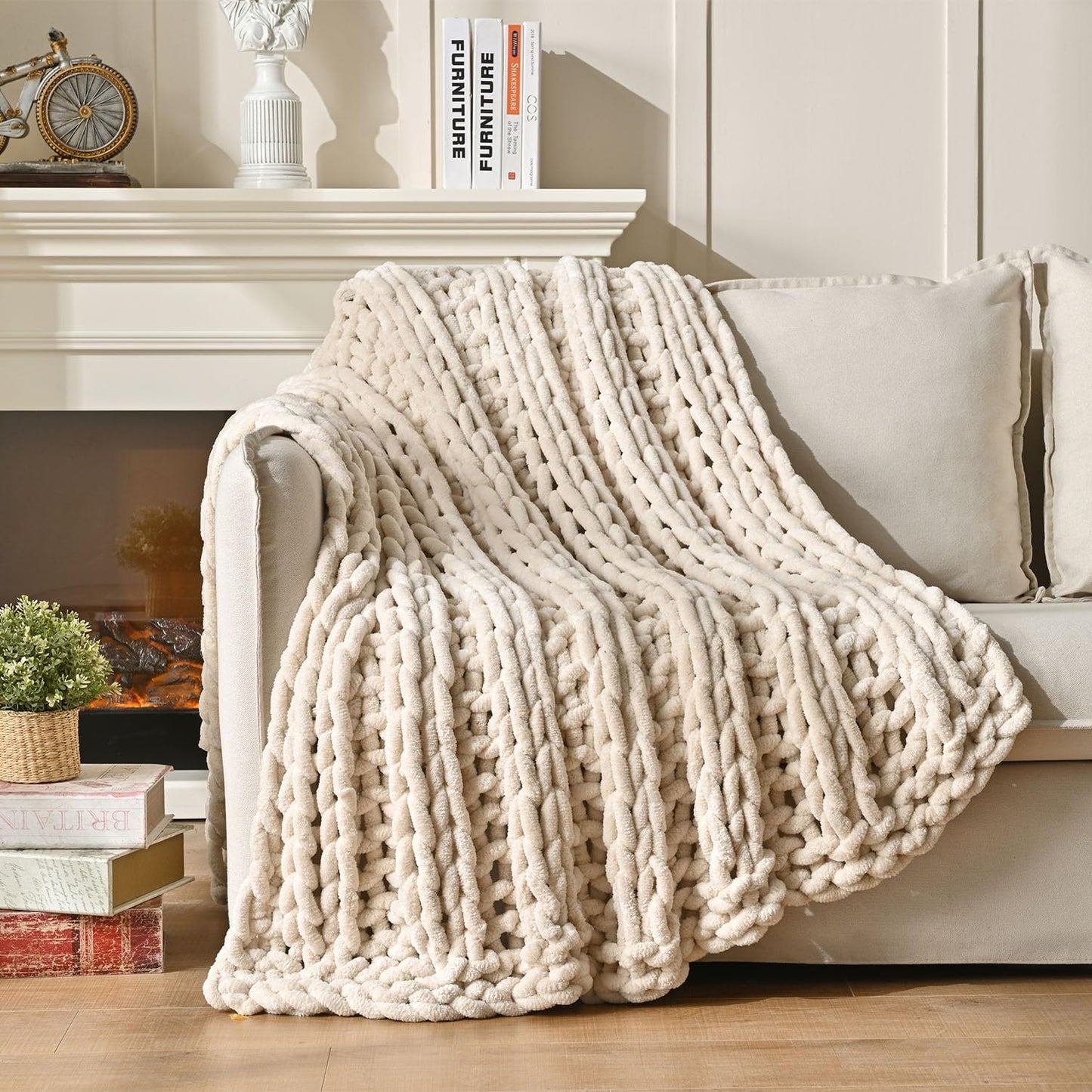 Esterra Chunky Knit Blanket Throw, 100% Handmade Chenille Throw Blanket 50"x60", Soft Thick Yarn Cable Knit Crochet Throw Blanket Rope Knot Throw for Couch Bed Sofa, Apricot White