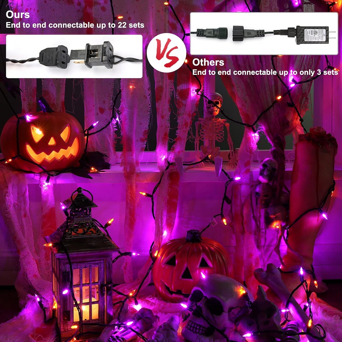 ODEERTONIC Orange & Purple Halloween Lights, 33ft 100 LED Orange Lights String Connectable, 120V UL Certified Purple String Light, Plugin Black Wire Halloween Light Waterproof for Spooky Party Decor