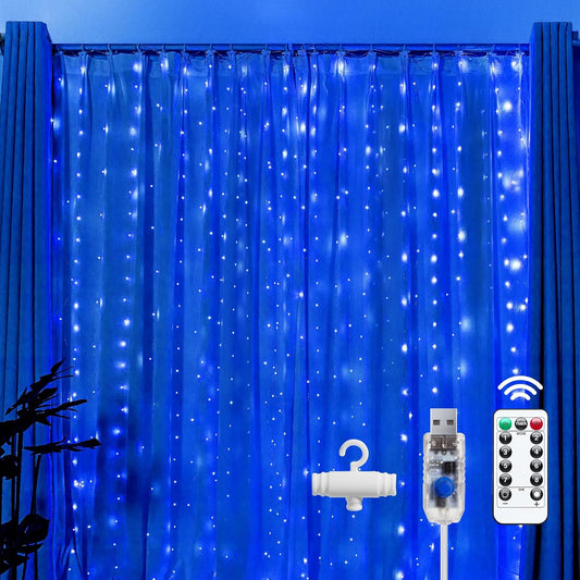 Brightown 300 LED Fairy Curtain Lights, 9.8ft x 9.8ft Curtain String Lights, USB Plug in 8 Lighting Modes LED Christmas String Hanging Lights with Remote for Bedroom Indoor Outdoor Weddings Party Xmas