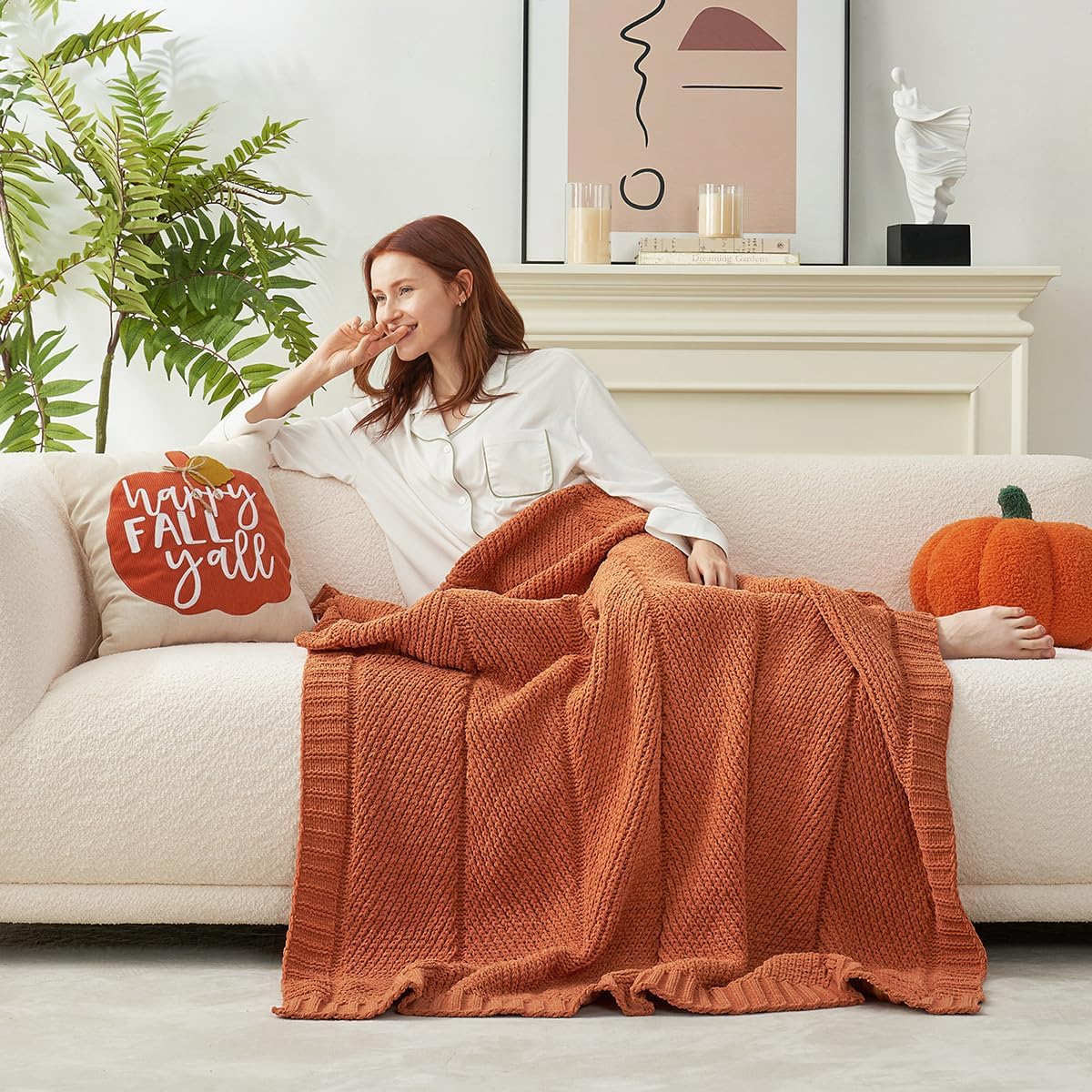 Amélie Home Chenille Knit Throw Blanket for Couch, Chevron Texture Decorative Soft Blanket for Sofa, Bed & Chair, 50"x60", Burnt Orange