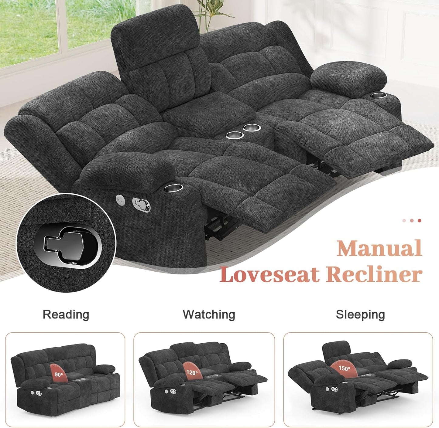 Recliner Sofa Set with 2+1 Pieces, Fabric Manual Pull Tab Reclining Loveseat with Storage Console, Single Recliner Chair for Living Room, RV, Grey