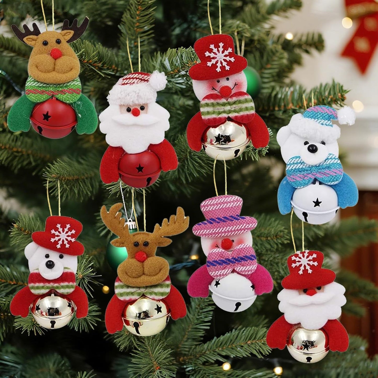 Happy Trees Christmas Tree Plush Ornaments Set for Xmas Home Party Decor, Christmas Hanging Snowman Elk Santa Claus Polar Bear Decorations with Metal Bells, 8 Pcs (Set of 8)