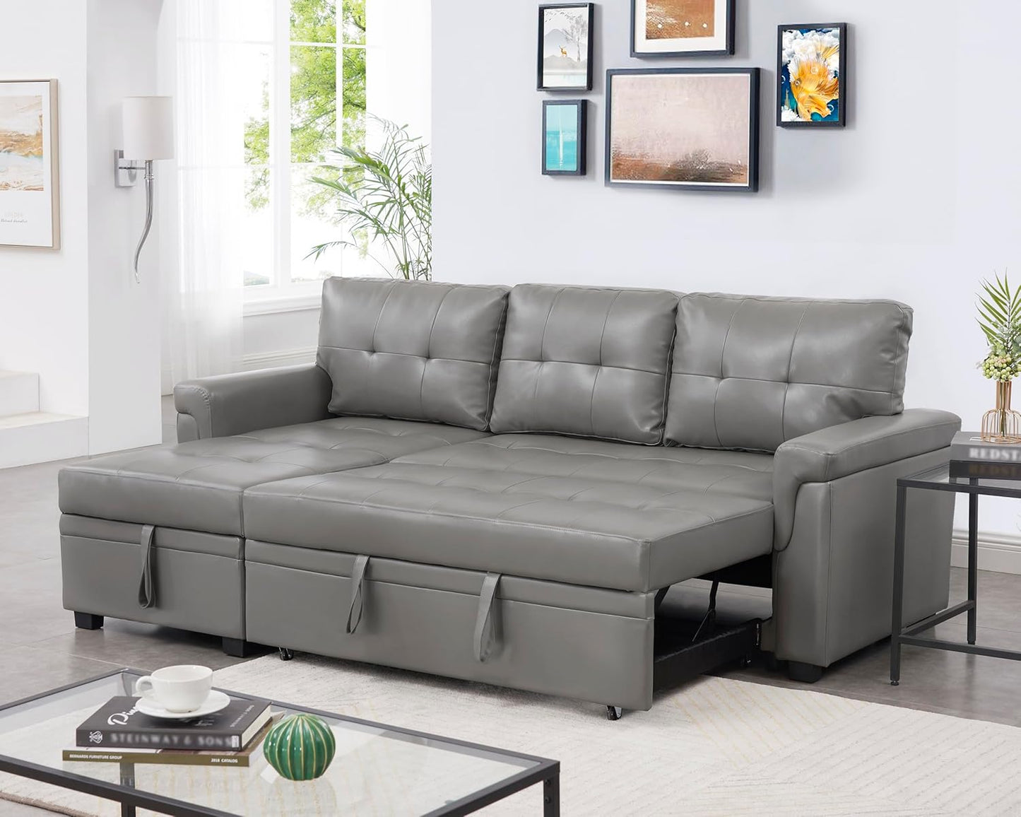 Naomi Home L-Shaped Reversible Sectional Sofa with Pull-Out Sleeper Bed and Storage Chaise, Gray Air Leather