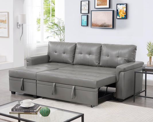 Naomi Home L-Shaped Reversible Sectional Sofa with Pull-Out Sleeper Bed and Storage Chaise, Gray Air Leather