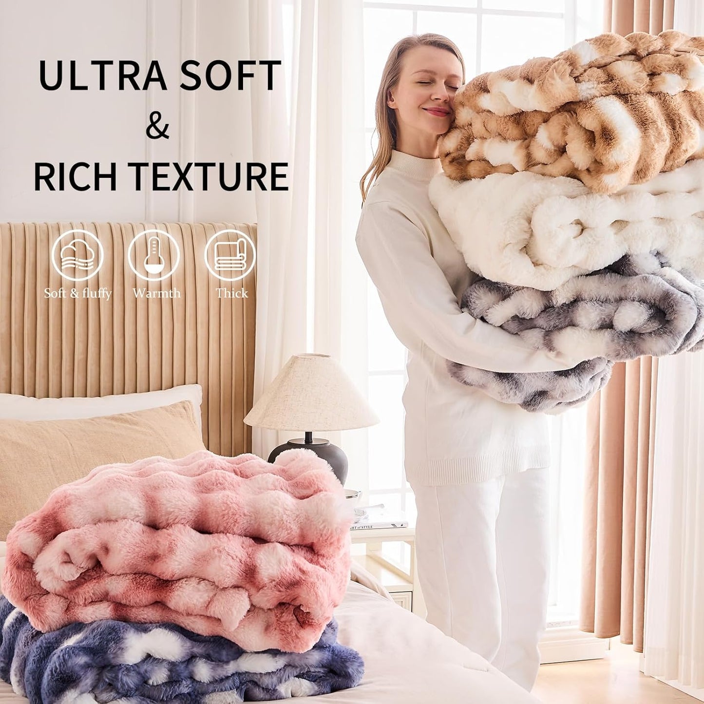Cozy Faux Fur Throw Blanket for Couch-Warm Fuzzy Throw Blanket, Soft Plush Thick Bubble Blankets for Bedroom and Living Room, Furry Luxury Blanket, 50 x 60, Tie-Dye Pink