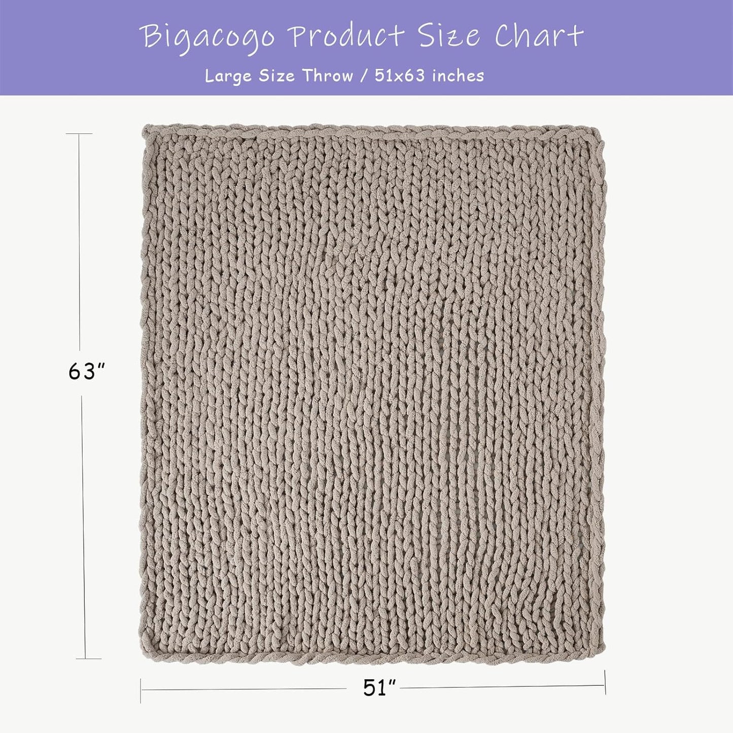 Bigacogo Chunky Knit Throw Blanket for Couch, 51x63 inches, 100% Hand Knitted with Thick Jumbo Chenille Yarn, Cozy Soft Large Rope Knot Cable Crochet Blankets for Sofa Bed Living Room, Taupe