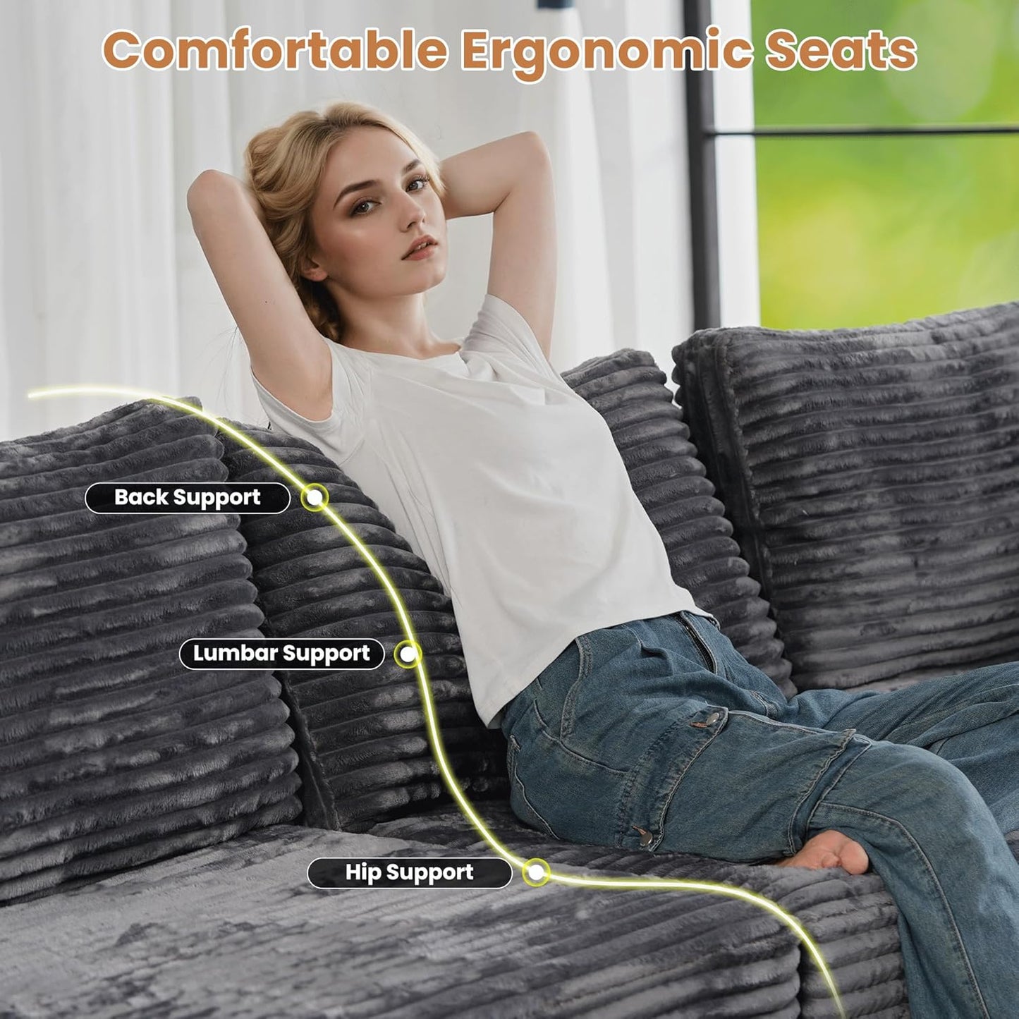 ovios Sectional Sofa Couch with L-Shape Chaise Ottoman, Comfy Modular Cloud Couches with Deep Seat, Modern Upholstered Plush Corduroy Sofas Set for Living Room, 5-Seater, Grey