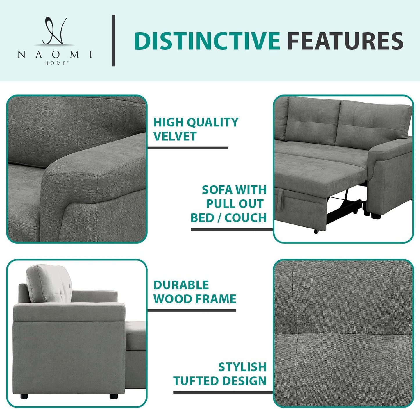 Naomi Home L-Shaped Reversible Sectional Sofa with Pull-Out Sleeper Bed and Storage Chaise, Gray Velvet