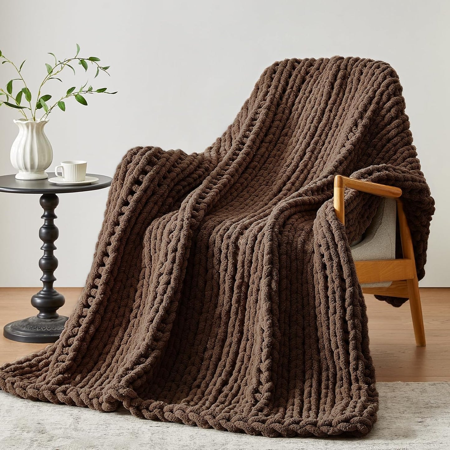 Chunky Knit Throw Blanket, 40''*50'' Knitted Throw Chenille Yarn for Bed Couch, Handmade Dark Brown Crochet Big Thick Blanket, Machine Washable Cute Comfy Blanket for Home Decor