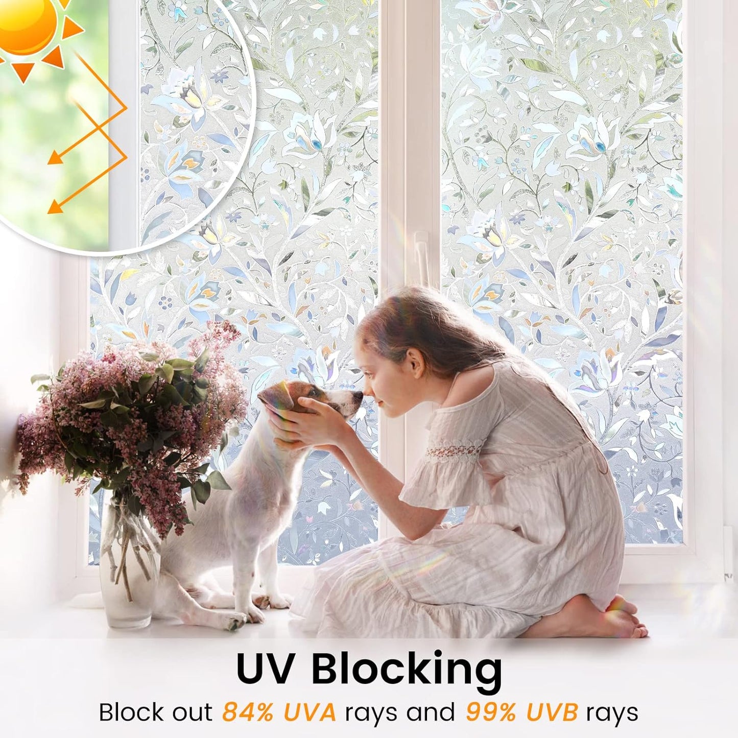 DOWELL Window Privacy Film, 3D Stained Glass Rainbow Films, Decorative Window Vinyl Sun Blocker Door Covering, Static Cling Non-Adhesive Glass Sticker for Home, Blooming Flowers, 17.5"x78.7"