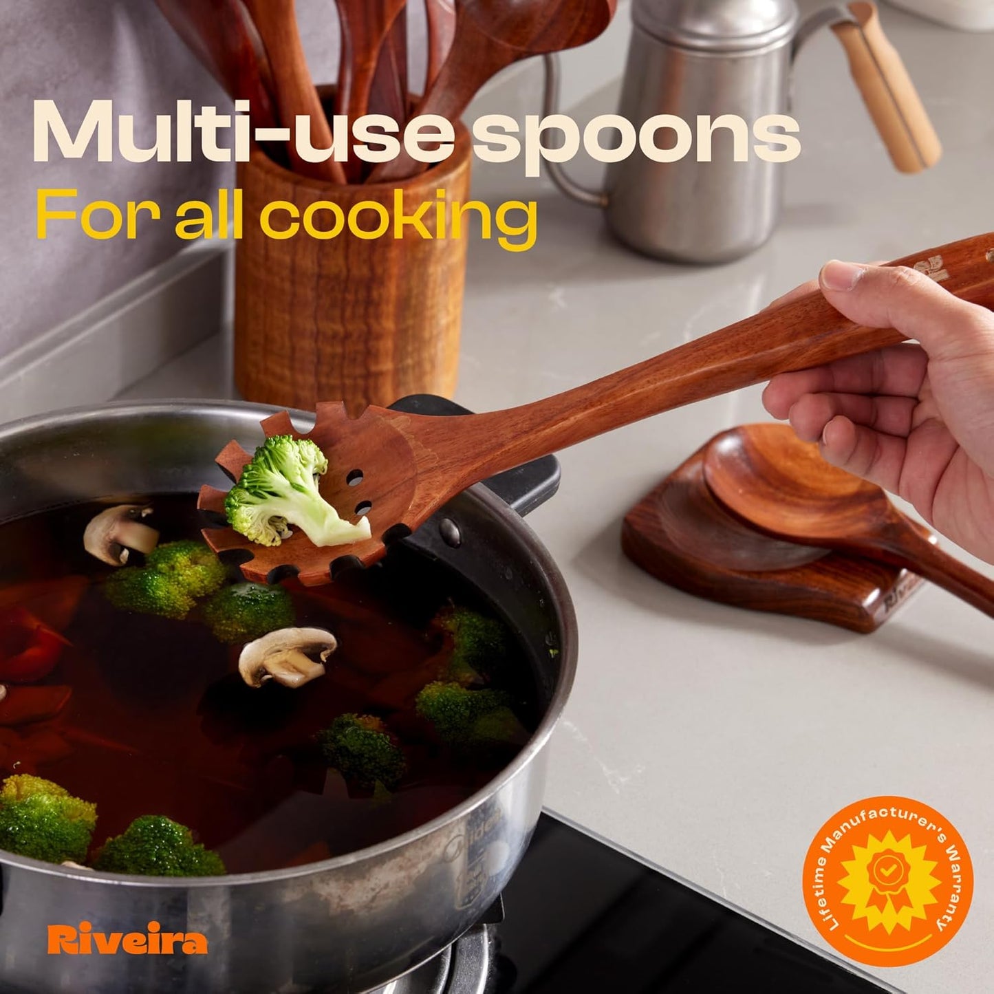 Riveira Bamboo Wooden Spoons for Cooking 9-Piece with Holder, Apartment Essentials Wood Spatula Spoon Nonstick Kitchen Utensil Set Premium Quality Housewarming Gifts for Everyday Use