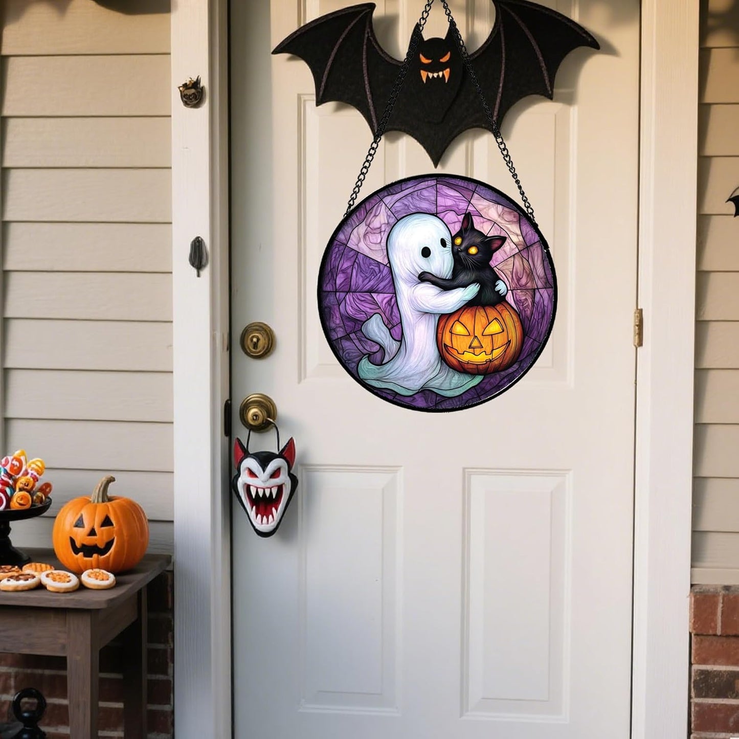 Stained Glass Window Hanging - Halloween Decorations Ghost Black Cat Pumpkin Suncatcher for Door Garden Spooky Purple Sun Catchers Gothic Decor Horror Gifts for Women Men Friend Boy 9.8 in