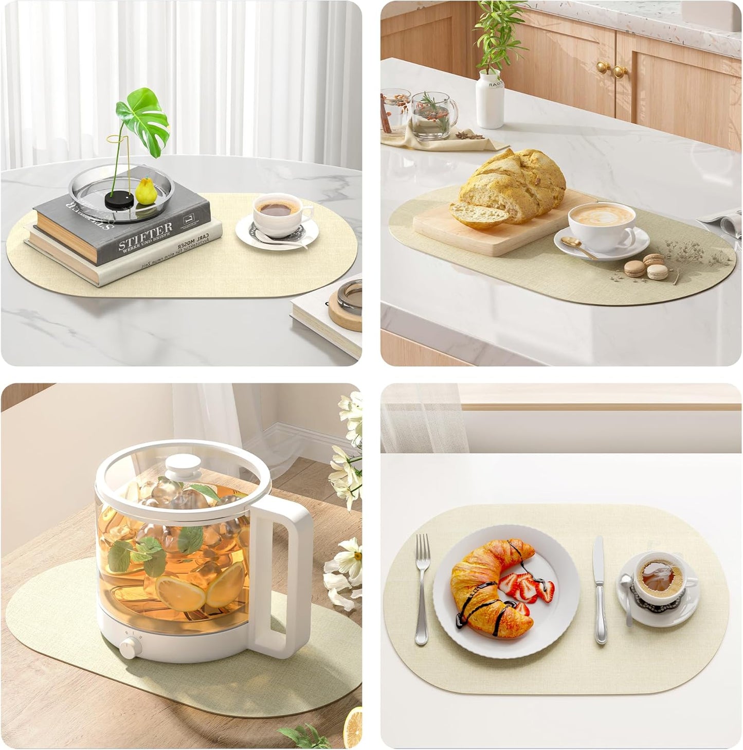 DOLOPL Large Placemats Set of 6, Oval Reversible Wipeable & Non-Slip Place Mats, Modern Faux Leather Table Mats for Kitchen, Neutral Tablemats for Dining Table Decor, Wedding, Party(Beige)