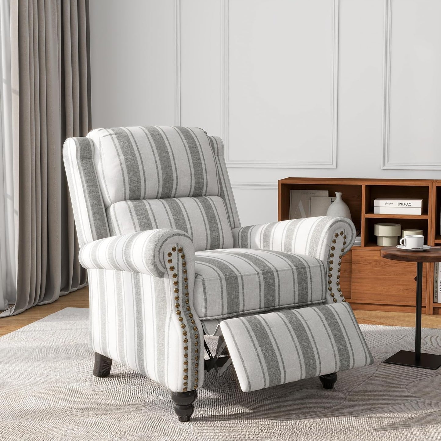 UIXE Pushback Recliner Chairs Set of 2, Fabric Armchair Push Back Accent Chair for Living Room, Rivet Trim Club Chair Overstuffed Home Theater Bedroom Reading Seat - Stripe Gray