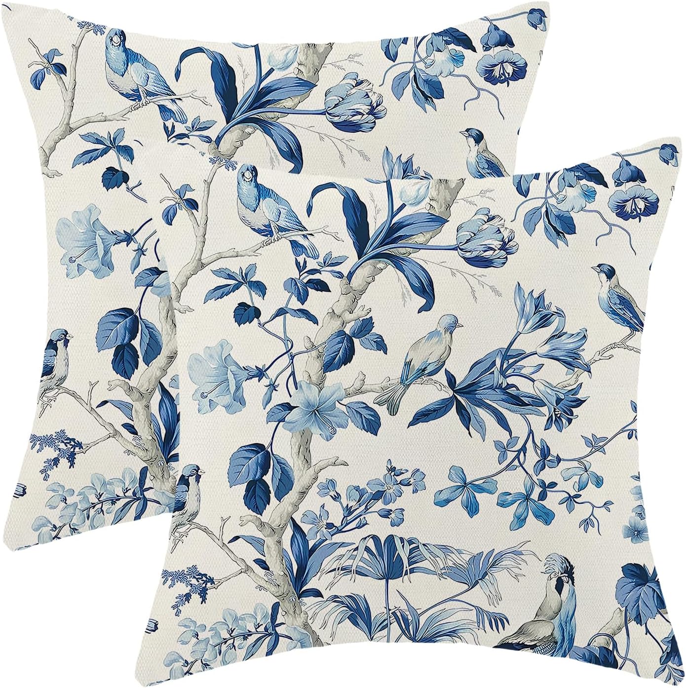 CXMEIFLY Navy Blue Spring Floral Pillow Covers 18 x 18 Inch Set of 2 for Chinoiserie Flowers Bird Decor Throw Pillows Vintage Plant Outdoor Decorative Cushion Cases for Couch Bed Decorations