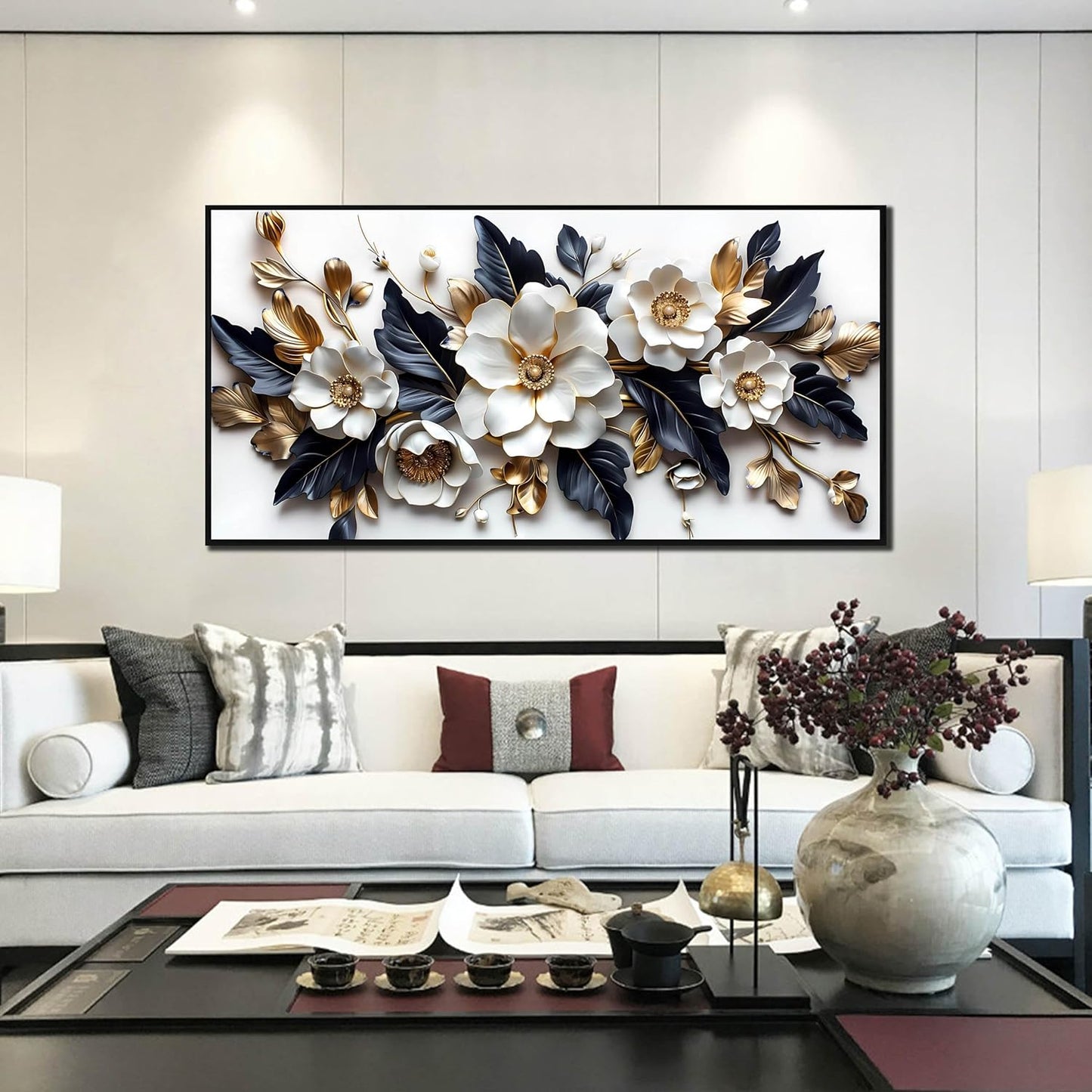 White Flowers Wall Art for Bedroom - White and Gold Wall Art for Office - Framed Wall Art for Living Room Large Size 29" x 59"