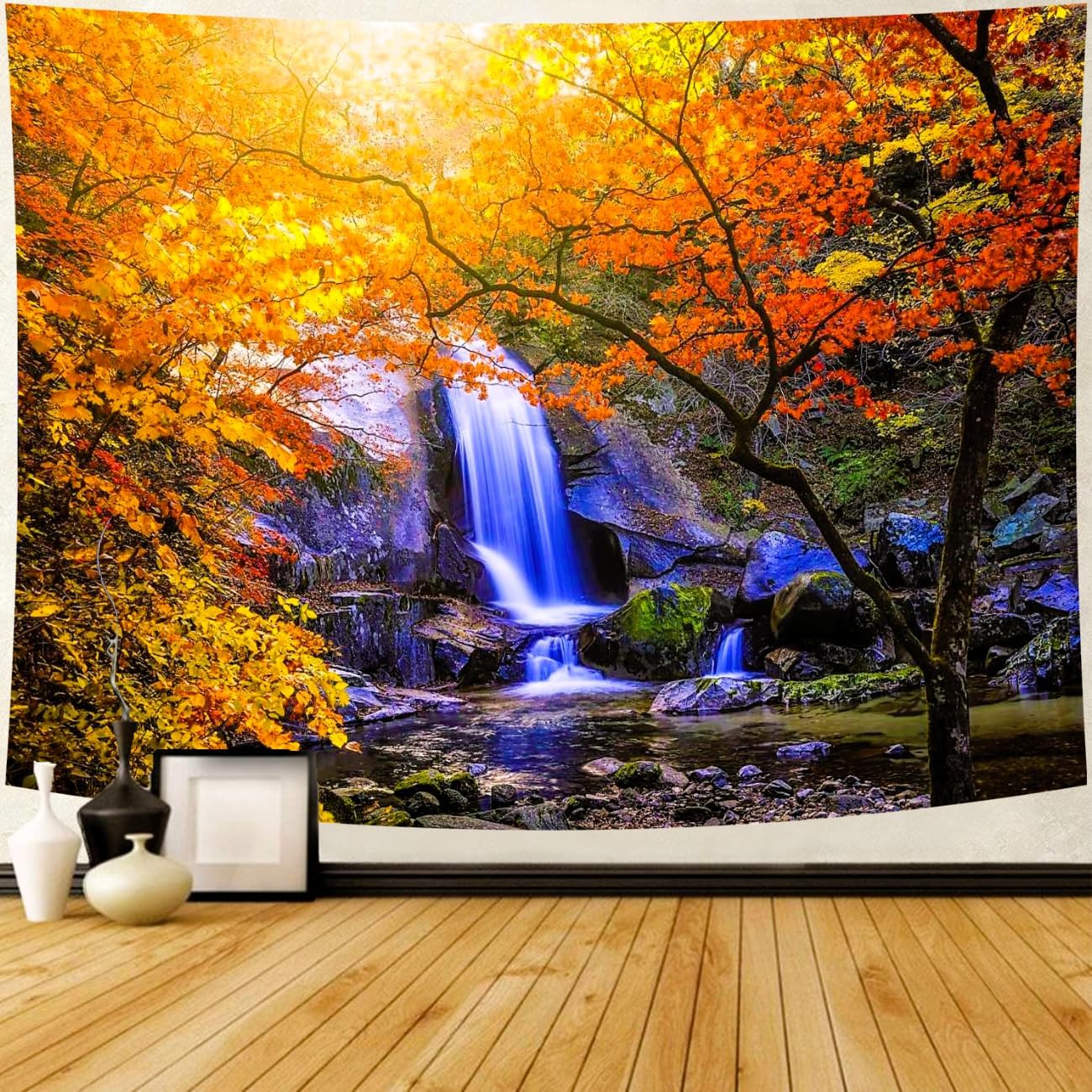 Delur Waterfall Tapestry Forest Nature Scenic Tree Mountain Sunset Tapestry Wall Hanging Natural Landscape Sunrise Headboard for Bedroom Living Room Home Decor (51.2" x 59.1")