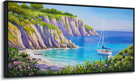 QZQCBLC Coastal Batnroom Wall Art - Blue Sea Sailing Boat Canvas Pictures Purple Flower Mountains Ocean Landscape Paintings Artwork for Living room Bedroom Office Framed Navigation Decor 20"X40"