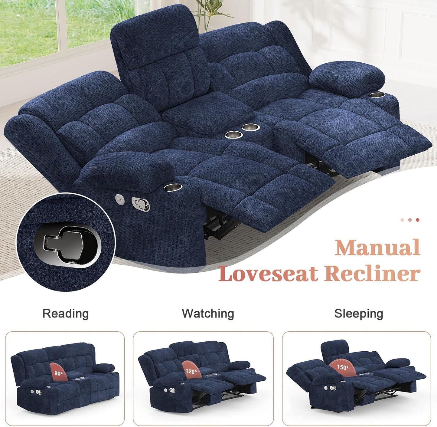 Recliner Sofa Set with 2+1+1 Pieces, Fabric Manual Pull Tab Reclining Loveseat with Storage Console, Single Recliner Chair for Living Room, RV, Blue