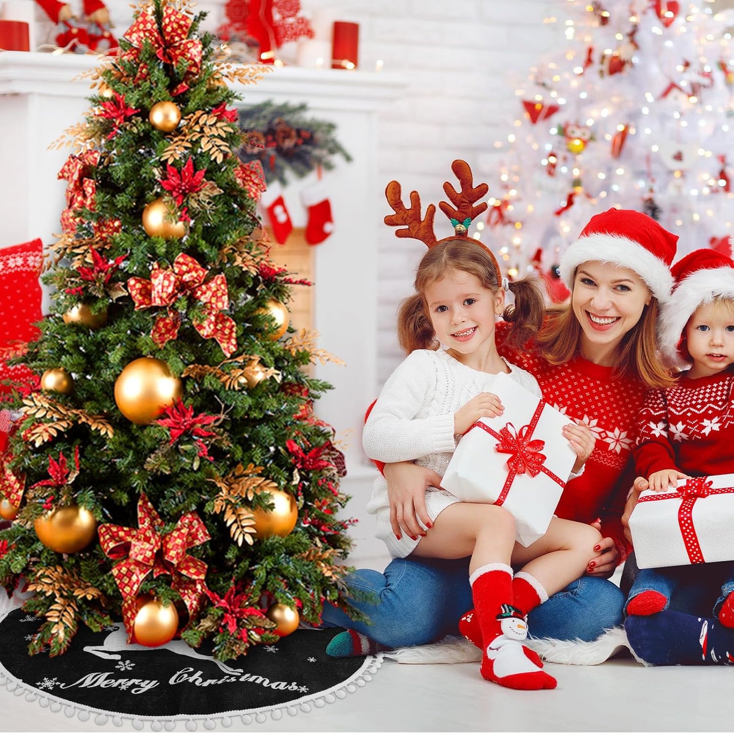 24 Inch Christmas Tree Skirt, Burlap Black Christmas Rustic Tree Skirt with Elk Deer and White Snowflake Printed for Holiday Party Xmas Tree Decoration