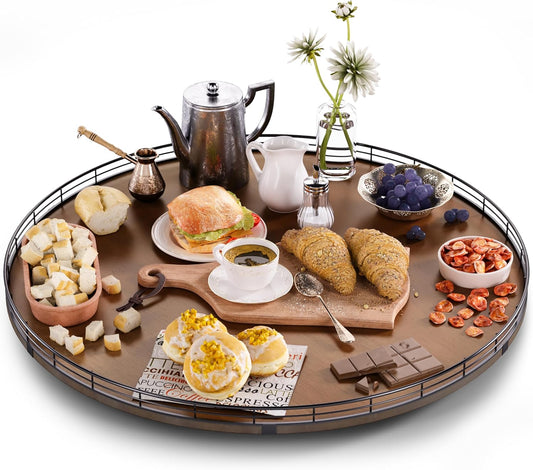 Farmhouse Oak 24" Lazy Susan Turntable Organizer for Cabinet, Round Wooden Lazy Susan Organization and Storage for Dining Table, Pantry, Kitchen, Countertop, Cupboard,Home Decor, Walnut