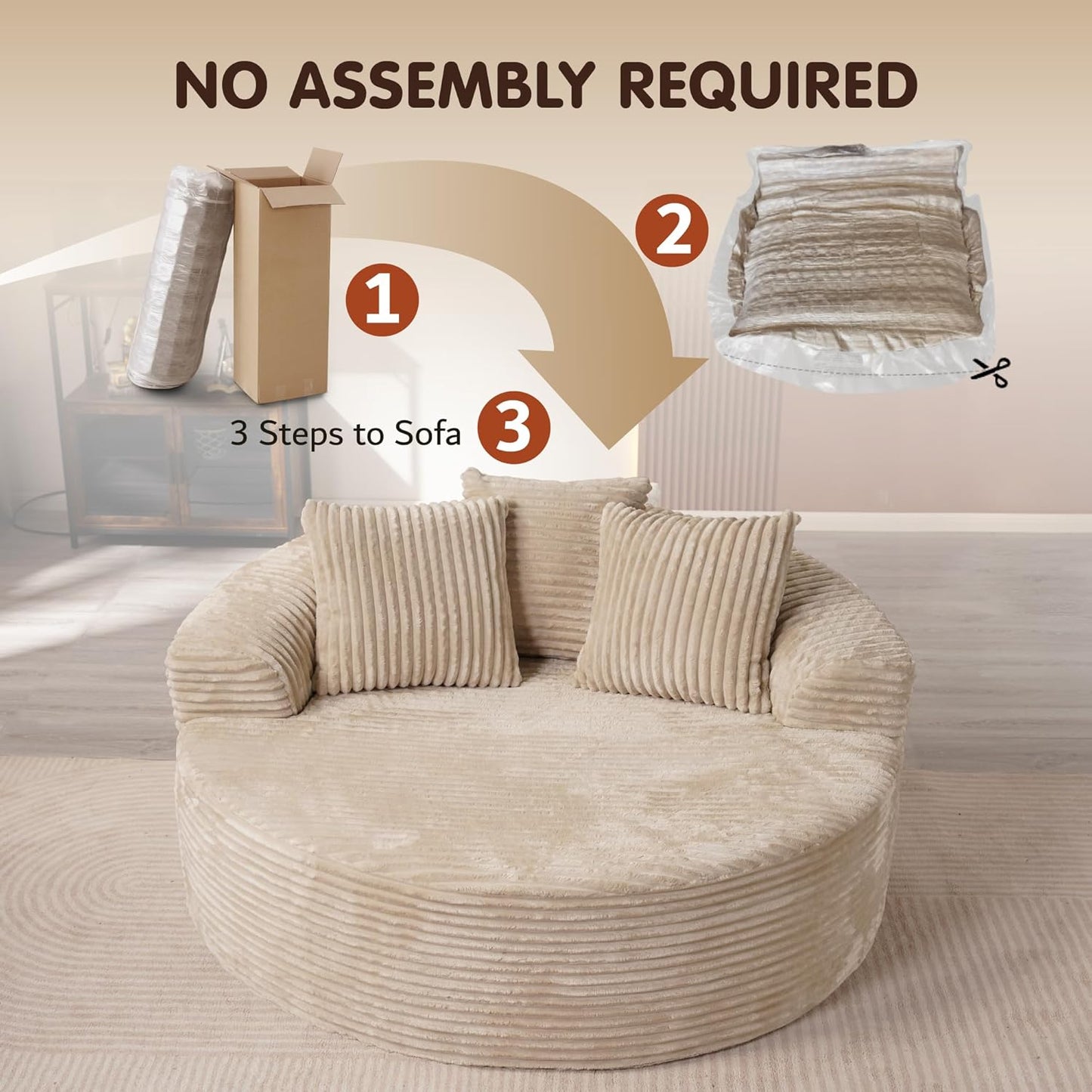 ovios 58" Oversized Round Chair Lounge Chaise Indoor, No Assembly Required, Cloud Large Circle Chair with Plush Fuax Fur, Fluffy Modern Sleeper Sofa Bed for Reading Yoga, Beige (Plush Corduroy Fabric)