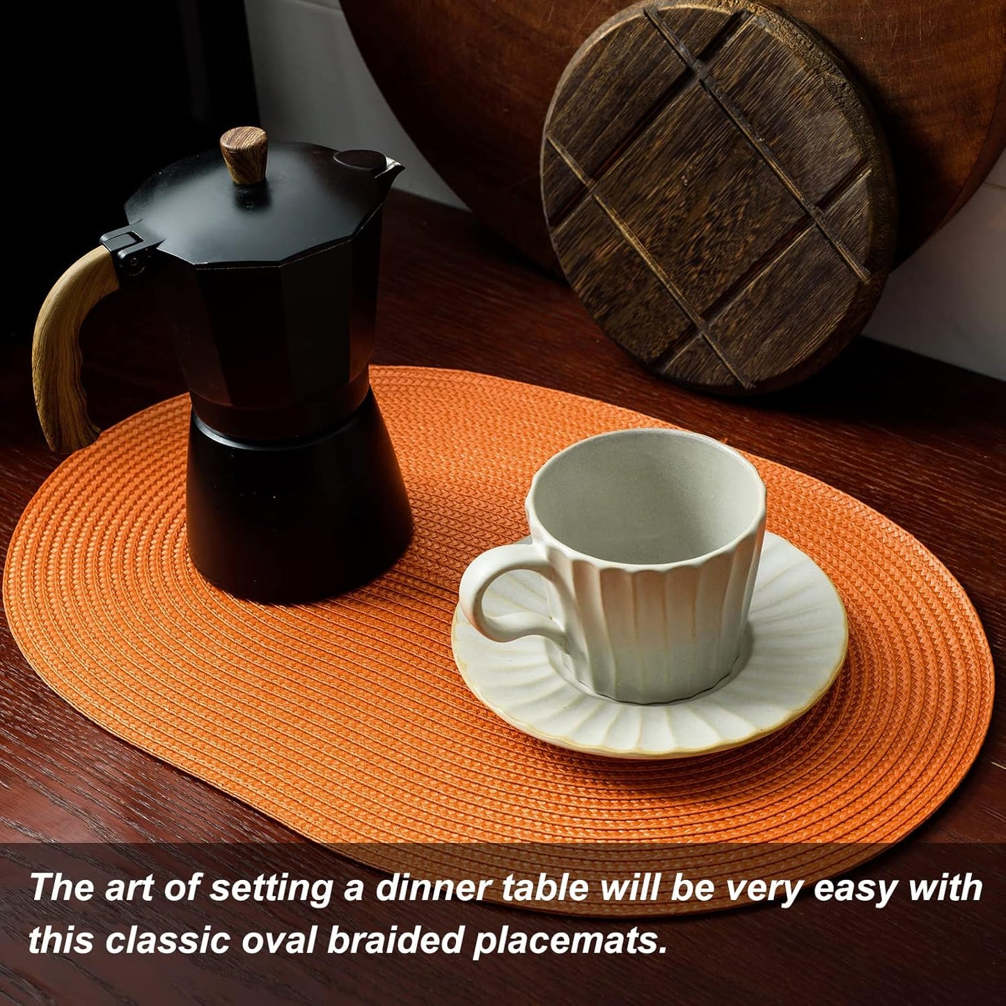 AHHFSMEI Placemats Set of 4 for Dining Table Washable Woven Vinyl Non-Slip 18x12 inches Placemat Heat-Resistant Durable Table Mats for Dining Table Easy to Clean (Oval Orange, 4)