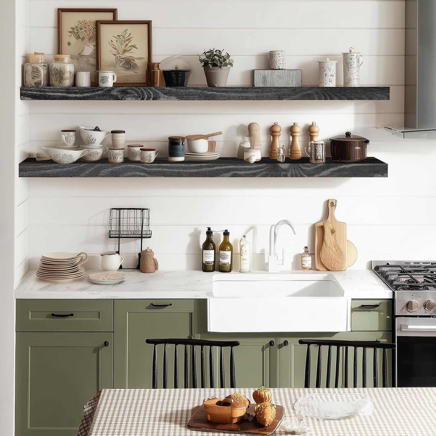 36"x6.8"x1.2" Solid Wood Floating Shelves 2-Pack - Rustic Black Finish with Hidden Brackets, Perfect for Storage and Décor in Living Room, Kitchen, Bedroom