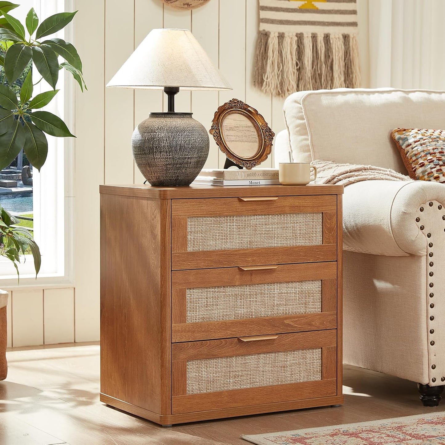 LEYAOYAO Boho Rattan Coffee Table and End Table Sets, 48" Wide Center Tables & 23" Night Stand with 3 Drawers, Brown Wood Coffee Table for Living Room 3 Piece Set