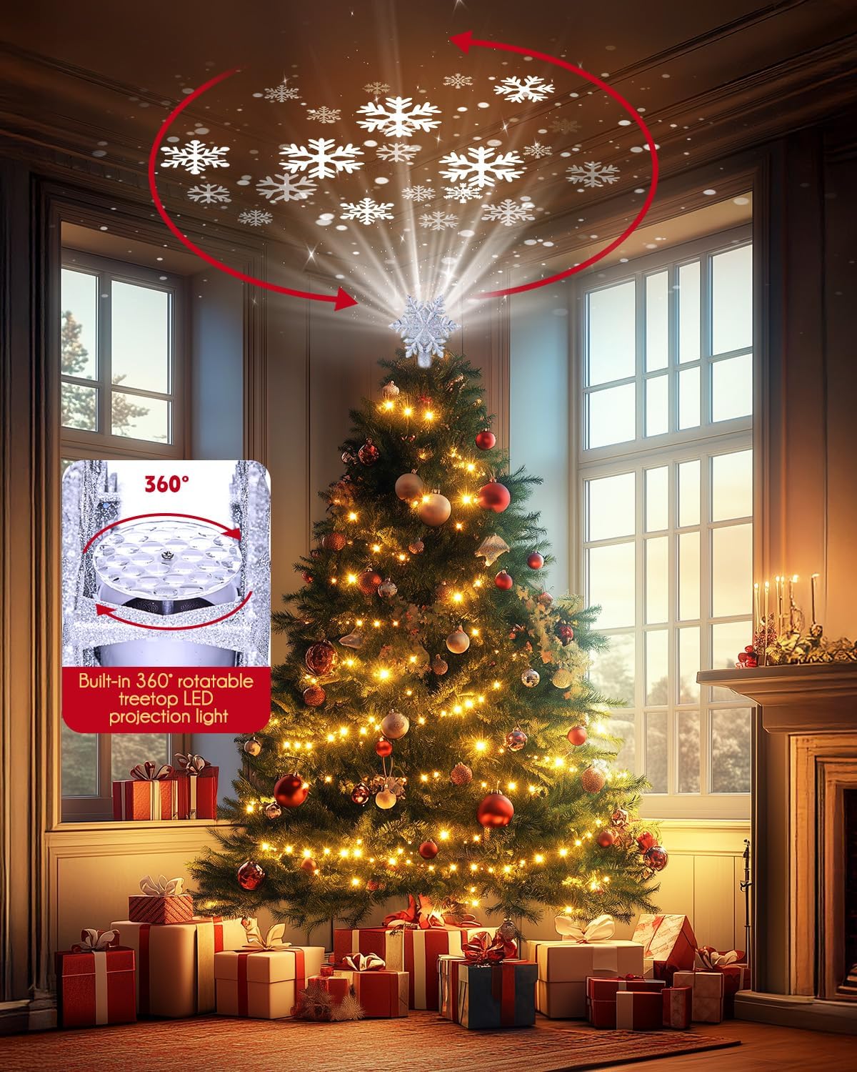 Christmas Tree Topper Lighted with Built-in Led Rotating Snowflake Projector Lights, 9.6” Hollowed Tree Topper with Silver Spangles Plug In for Indoor Home Xmas New Year Party Holiday Night Tree Decor