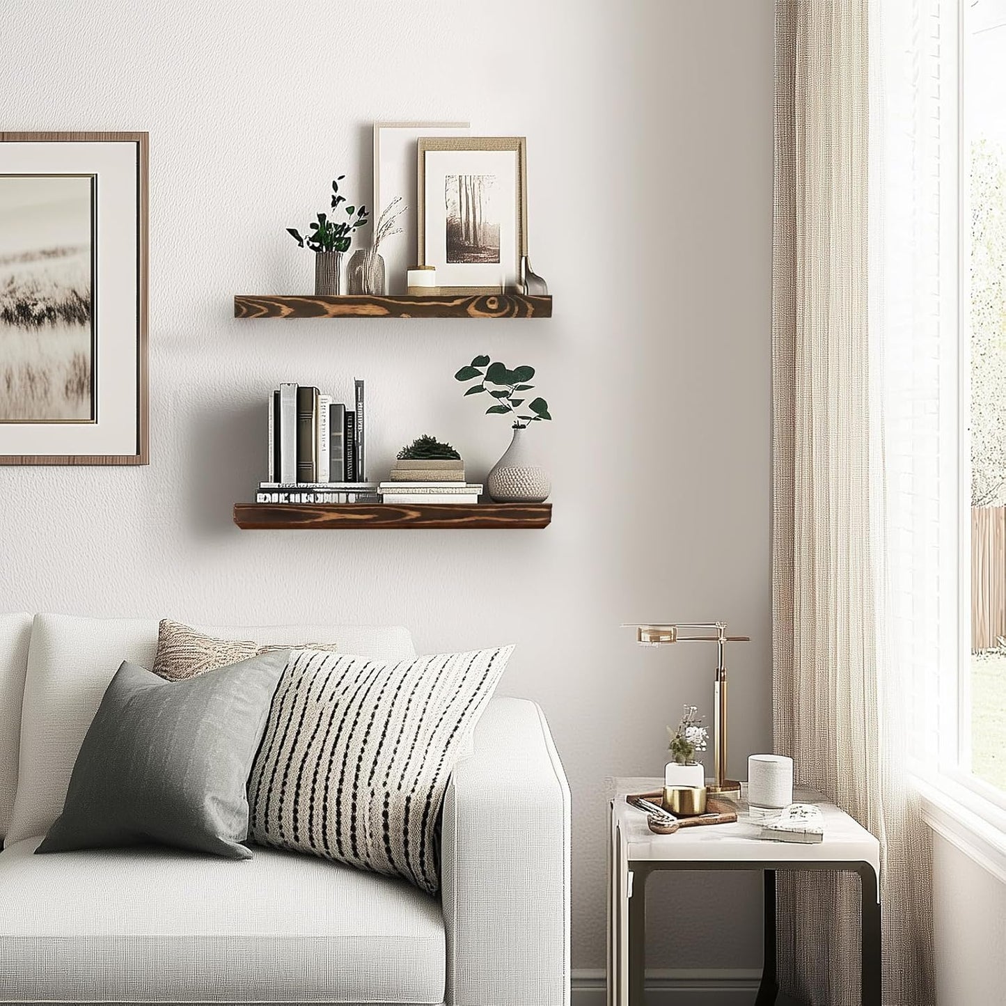 Floating Wall Shelves - 16"x6.8"x1.2" Sturdy Rustic Brown Solid Wood Shelves for Storage and Décor, Easy Installation for Living Room, Bedroom, and Kitchen - 2 Pack