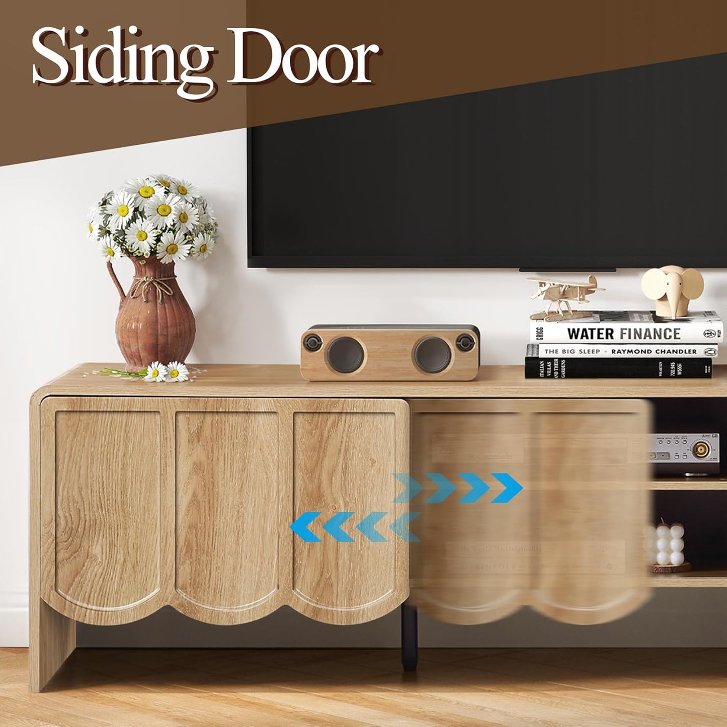 ORRD 63'' TV Stand, Modern TV Console Table Wave Panel Television Stands Entertainment Media Center with Storage Compartment and Sliding Door for Living Room (Natural)