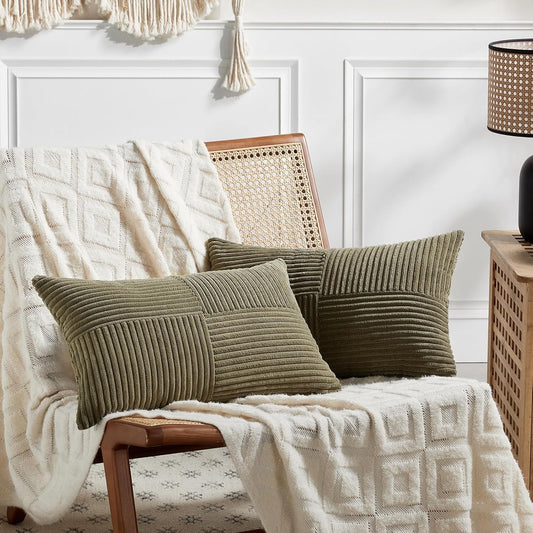 Fancy Homi 2 Packs Olive Green Long Lumbar Decorative Throw Pillow Covers 16x24 Inch for Couch Bed Sofa, Rustic Farmhouse Boho Home Decor, Soft Striped Corduroy Rectangle Accent Cushion Case 40x60 cm